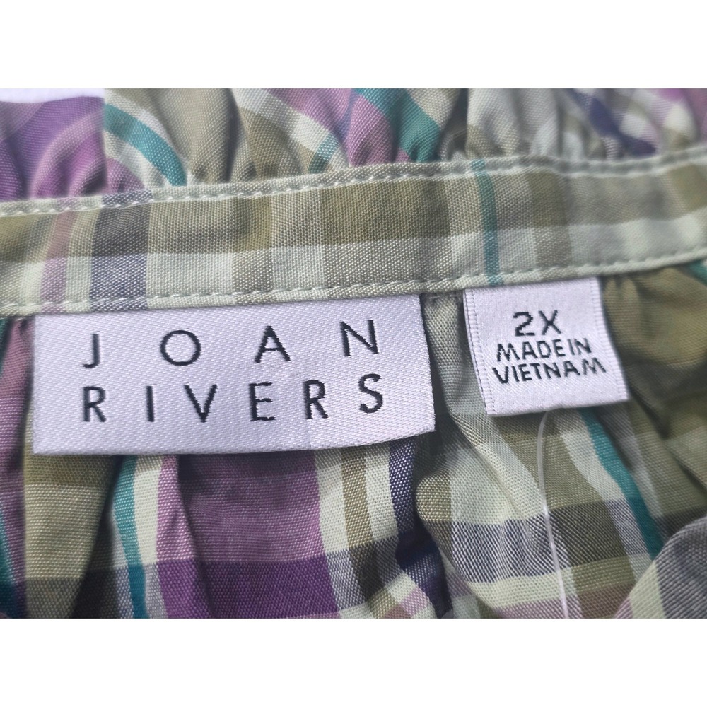 Joan Rivers Womens 2X Plaid Ruffle Collar Button Down Tunic Top Purple Olive - Picture 7 of 8